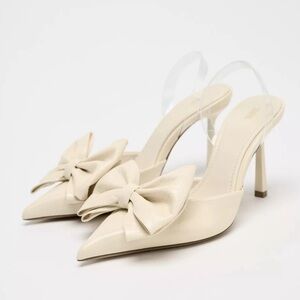 NWT Zara Woman Cream White Slingback Bow Heels Shoes Size 6